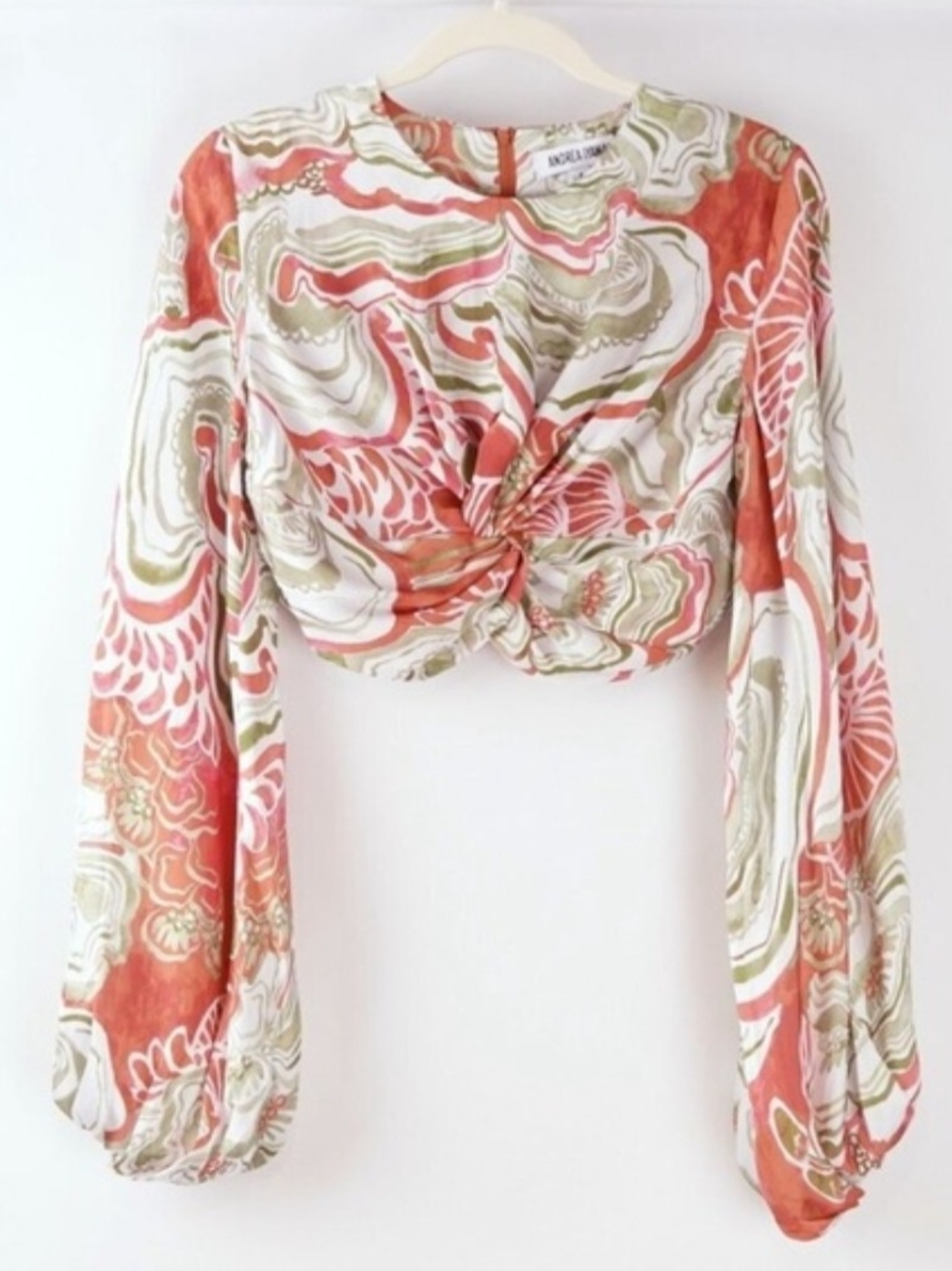 Andrea Iyamah Coral and Olive Swirl Twist-Front Crop Top